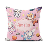 Custom Name Space Animals Seamless Pattern Soft Pink Galaxy Kids Square Filled Cushion Throw Pillow Sofa Bed Home Decor Zip Washable UK Made