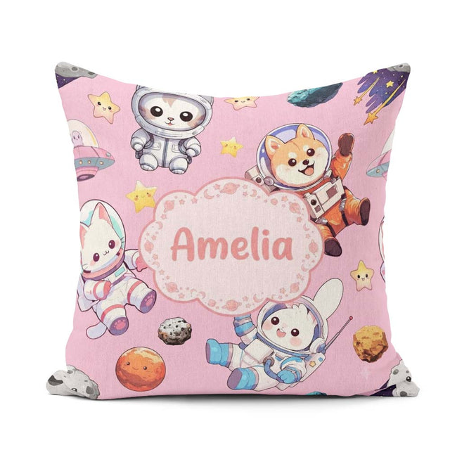 Custom Name Space Animals Seamless Pattern Soft Pink Galaxy Kids Square Filled Cushion Throw Pillow Sofa Bed Home Decor Zip Washable UK Made
