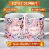 Personalized Custom Name Cute Space Animals Astronaut Seamless Pattern Soft Pink Galaxy Kids 11oz Ceramic Coffee Tea Mug White Large Handle