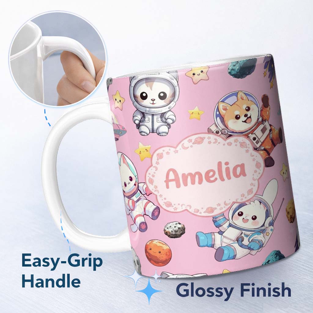 Personalized Custom Name Cute Space Animals Astronaut Seamless Pattern Soft Pink Galaxy Kids 11oz Ceramic Coffee Tea Mug White Large Handle