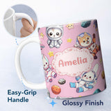 Personalized Custom Name Cute Space Animals Astronaut Seamless Pattern Soft Pink Galaxy Kids 11oz Ceramic Coffee Tea Mug White Large Handle