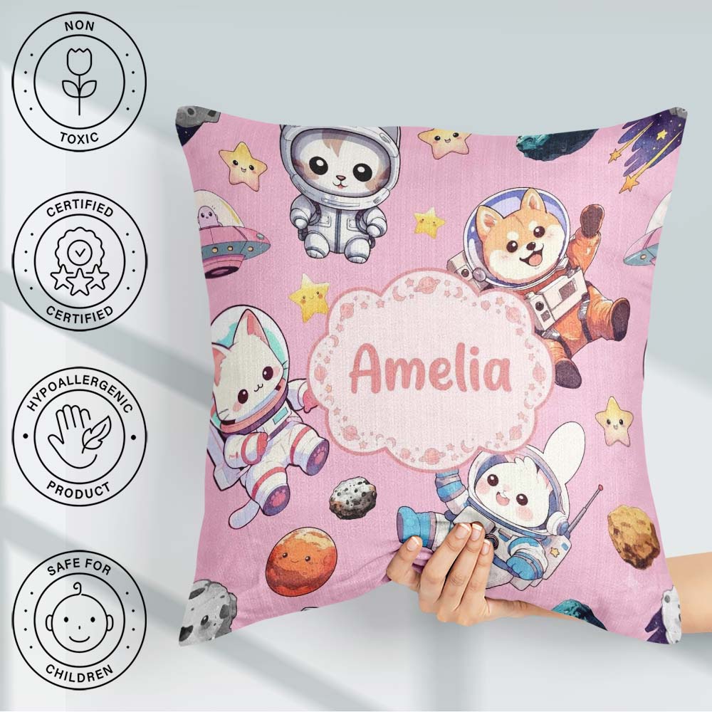 Custom Name Space Animals Seamless Pattern Soft Pink Galaxy Kids Square Filled Cushion Throw Pillow Sofa Bed Home Decor Zip Washable UK Made