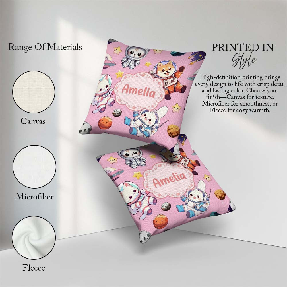 Custom Name Space Animals Seamless Pattern Soft Pink Galaxy Kids Square Filled Cushion Throw Pillow Sofa Bed Home Decor Zip Washable UK Made