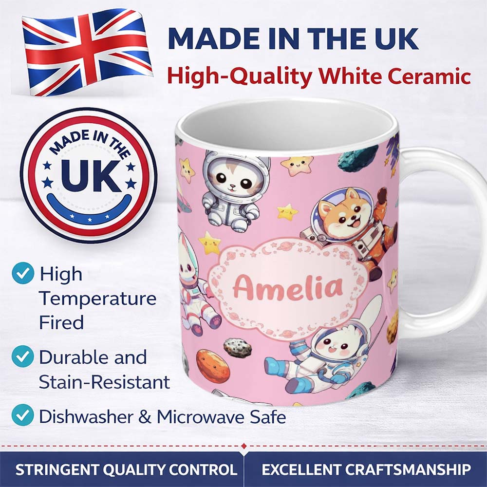 Personalized Custom Name Cute Space Animals Astronaut Seamless Pattern Soft Pink Galaxy Kids 11oz Ceramic Coffee Tea Mug White Large Handle