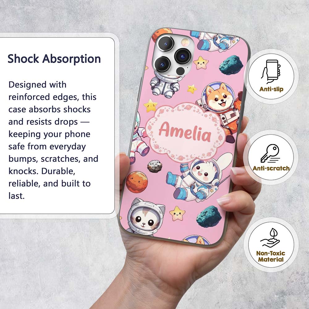 Cute Space Animals Astronaut Seamless Pattern Custom Name Protective Phone Case Mobile Cover Durable Everyday Smartphone Shock Resistant