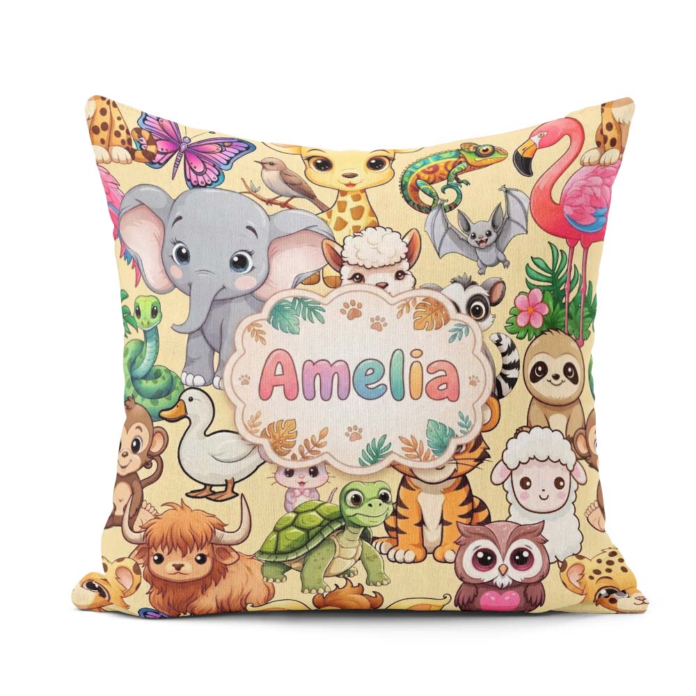 Custom Name Cute Baby Safari Jungle Animals Seamless Pattern Square Filled Cushion Throw Pillow Sofa Bed Home Decor Zip Washable UK Made