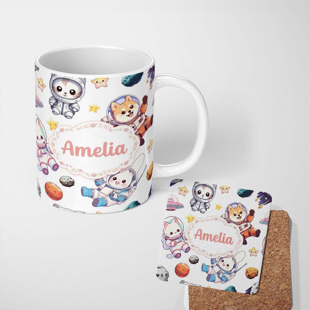 Personalized Custom Name Cute Space Animals Astronaut Seamless Pattern Light Grey Galaxy 11oz Ceramic Coffee Tea Mug White Large Handle