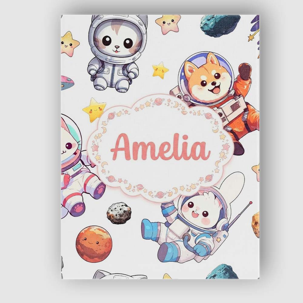 Personalised Name Cute Space Animals Custom Premium Decorative Design Modern Room Accent Canvas Wall Art Print Decor Picture Ready to Hang