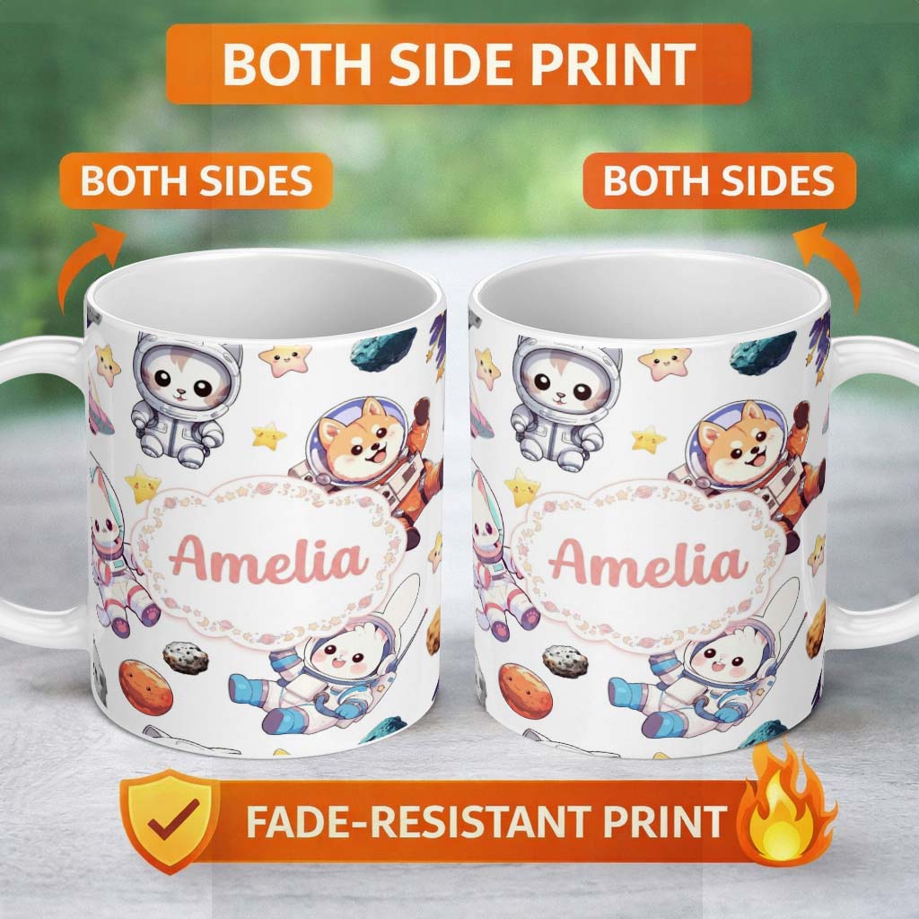 Personalized Custom Name Cute Space Animals Astronaut Seamless Pattern Light Grey Galaxy 11oz Ceramic Coffee Tea Mug White Large Handle