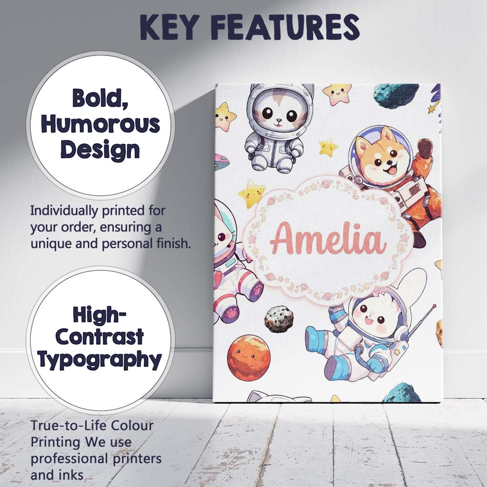 Personalised Name Cute Space Animals Custom Premium Decorative Design Modern Room Accent Canvas Wall Art Print Decor Picture Ready to Hang