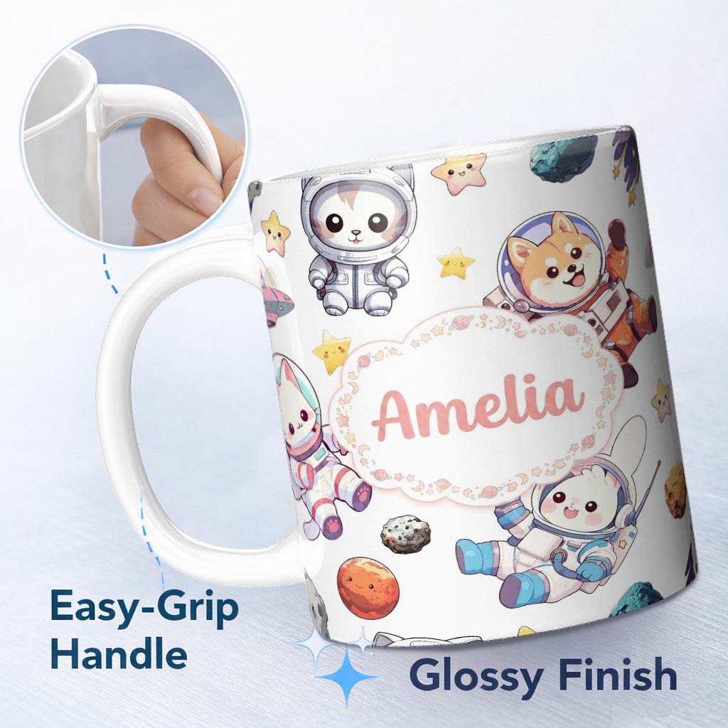 Personalized Custom Name Cute Space Animals Astronaut Seamless Pattern Light Grey Galaxy 11oz Ceramic Coffee Tea Mug White Large Handle