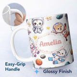 Personalized Custom Name Cute Space Animals Astronaut Seamless Pattern Light Grey Galaxy 11oz Ceramic Coffee Tea Mug White Large Handle