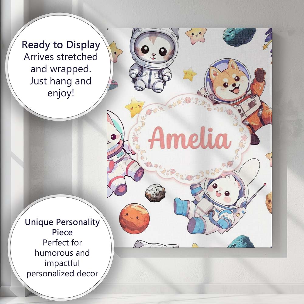 Personalised Name Cute Space Animals Custom Premium Decorative Design Modern Room Accent Canvas Wall Art Print Decor Picture Ready to Hang