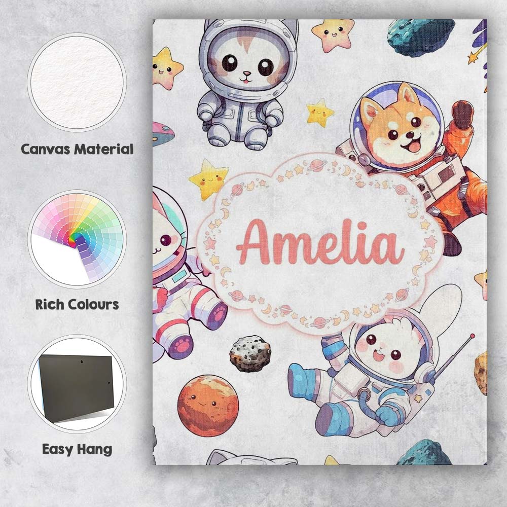 Personalised Name Cute Space Animals Custom Premium Decorative Design Modern Room Accent Canvas Wall Art Print Decor Picture Ready to Hang