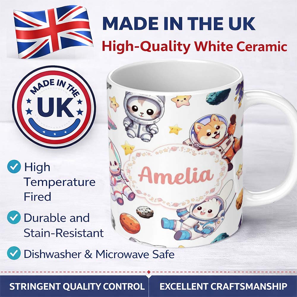 Personalized Custom Name Cute Space Animals Astronaut Seamless Pattern Light Grey Galaxy 11oz Ceramic Coffee Tea Mug White Large Handle