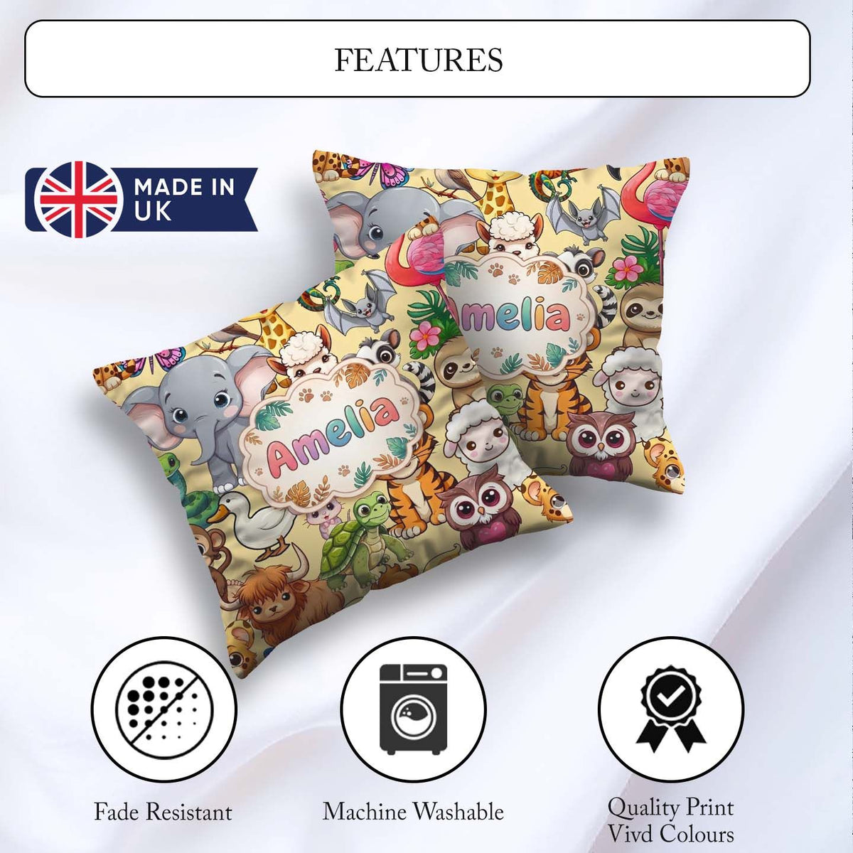 Custom Name Cute Baby Safari Jungle Animals Seamless Pattern Square Filled Cushion Throw Pillow Sofa Bed Home Decor Zip Washable UK Made