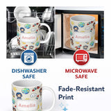 Personalized Custom Name Cute Kids Space Rockets Astronaut Seamless Pattern Fun Galaxy 11oz Ceramic Coffee Tea Mug White Large Handle