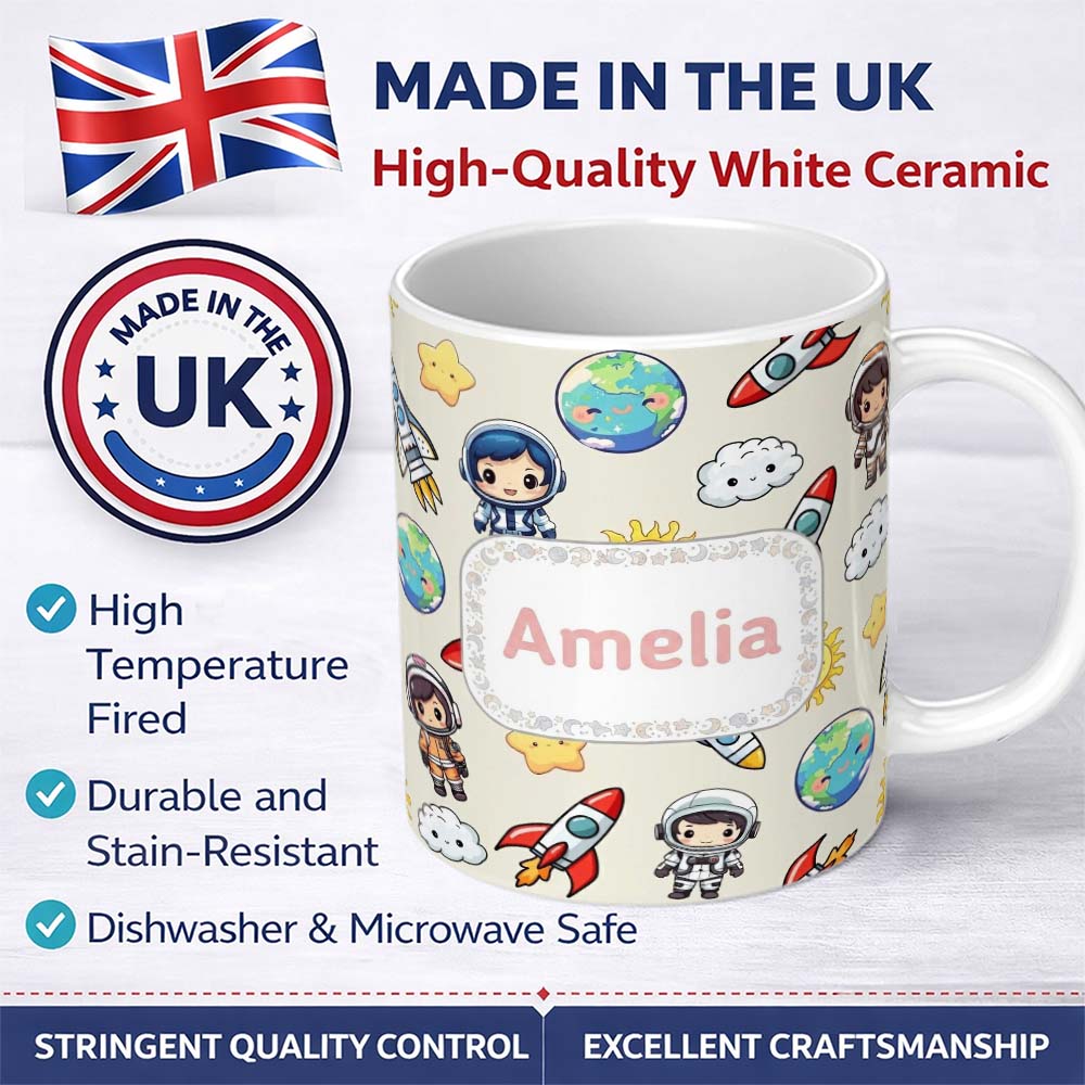 Personalized Custom Name Cute Kids Space Rockets Astronaut Seamless Pattern Fun Galaxy 11oz Ceramic Coffee Tea Mug White Large Handle