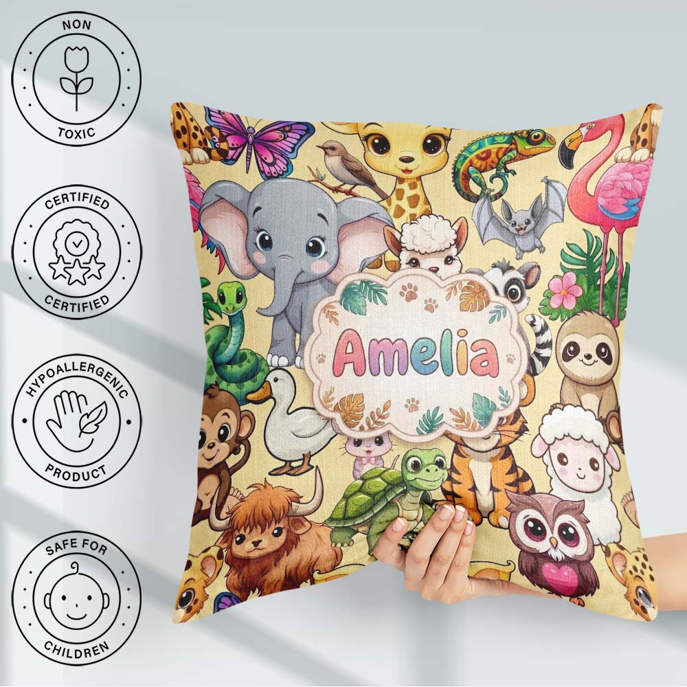 Custom Name Cute Baby Safari Jungle Animals Seamless Pattern Square Filled Cushion Throw Pillow Sofa Bed Home Decor Zip Washable UK Made
