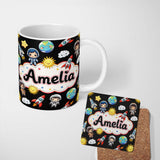Personalized Custom Name Cute Kids Space Rockets Astronaut Seamless Pattern Black Galaxy 11oz Ceramic Coffee Tea Mug White Large Handle
