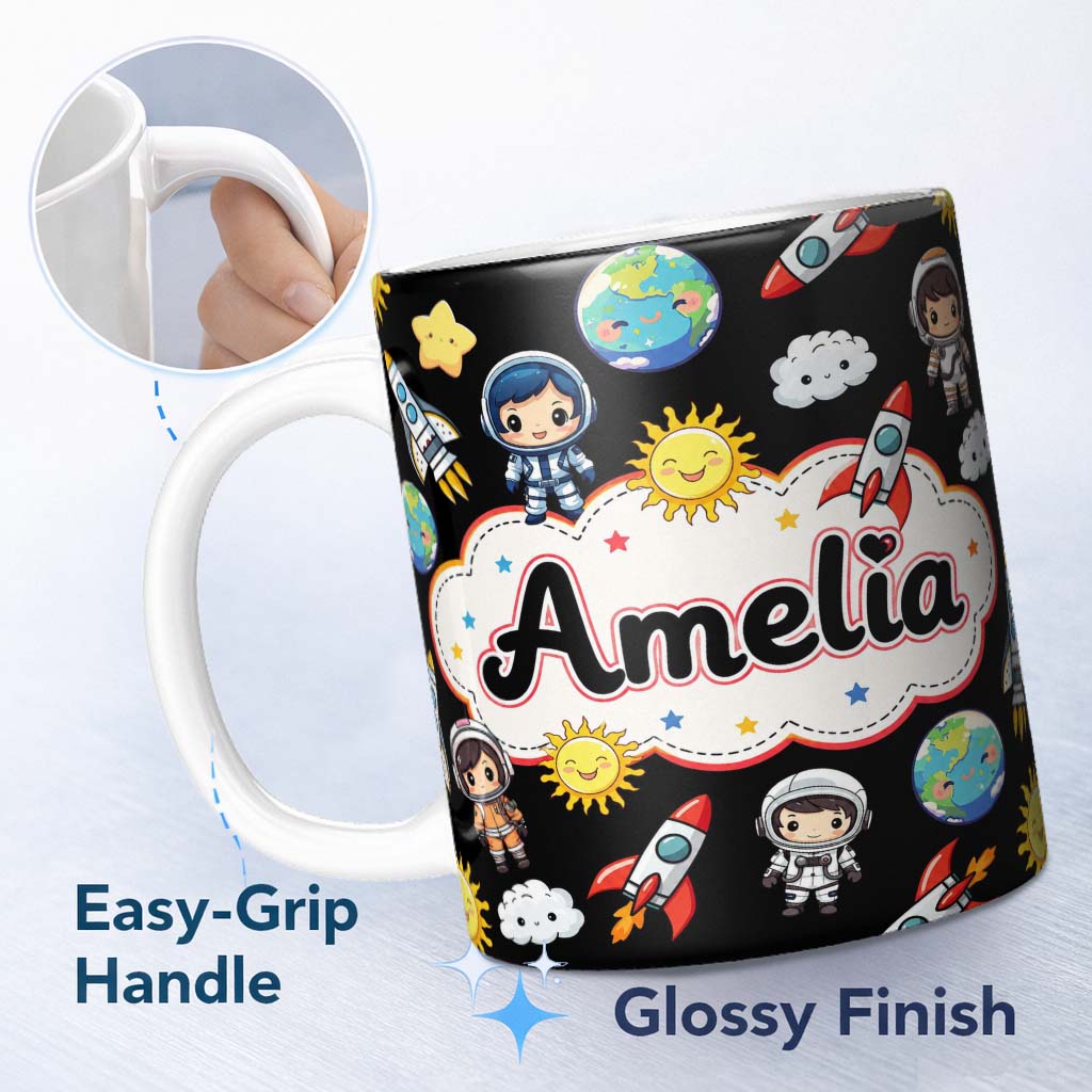 Personalized Custom Name Cute Kids Space Rockets Astronaut Seamless Pattern Black Galaxy 11oz Ceramic Coffee Tea Mug White Large Handle