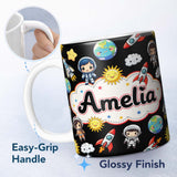 Personalized Custom Name Cute Kids Space Rockets Astronaut Seamless Pattern Black Galaxy 11oz Ceramic Coffee Tea Mug White Large Handle