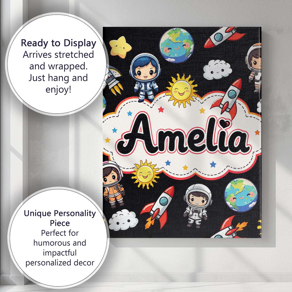 Personalised Name Cute Kids Space Rockets Custom  Unique Gift Idea Elegant Feature Canvas Wall Art Print Decor Picture Ready to Hang