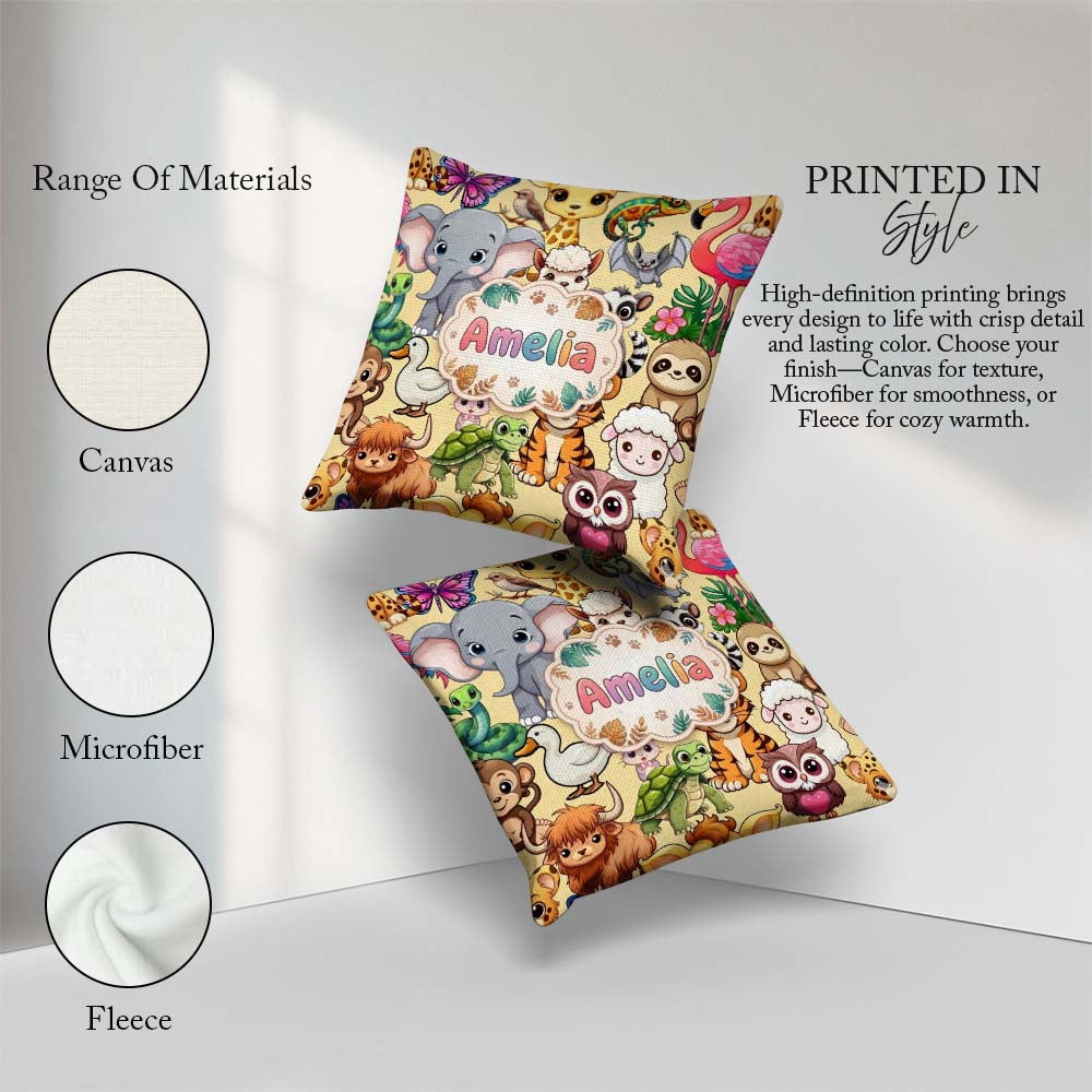 Custom Name Cute Baby Safari Jungle Animals Seamless Pattern Square Filled Cushion Throw Pillow Sofa Bed Home Decor Zip Washable UK Made