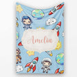 Kids Space Rockets Astronaut Seamless Pattern Blue Sky Background  Personalised Custom Name Super Soft Fleece Blanket Bed Sofa Throw