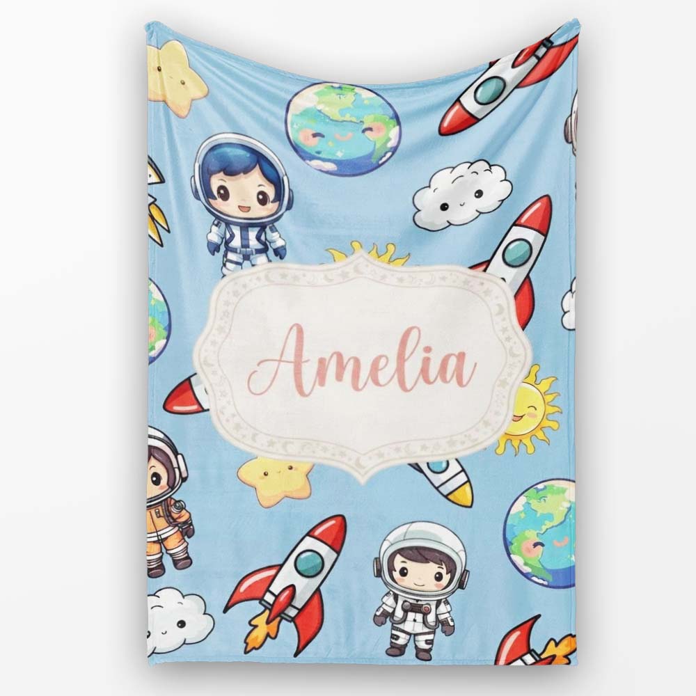 Kids Space Rockets Astronaut Seamless Pattern Blue Sky Background  Personalised Custom Name Super Soft Fleece Blanket Bed Sofa Throw
