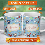 Personalized Custom Name Kids Space Rockets Astronaut Seamless Pattern Blue Sky Background 11oz Ceramic Coffee Tea Mug White Large Handle