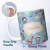 Personalized Custom Name Kids Space Rockets Astronaut Seamless Pattern Blue Sky Background 11oz Ceramic Coffee Tea Mug White Large Handle