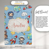 Kids Space Rockets Astronaut Seamless Pattern Blue Sky Background  Personalised Custom Name Super Soft Fleece Blanket Bed Sofa Throw