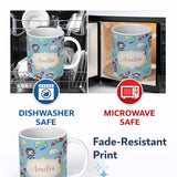 Personalized Custom Name Kids Space Rockets Astronaut Seamless Pattern Blue Sky Background 11oz Ceramic Coffee Tea Mug White Large Handle