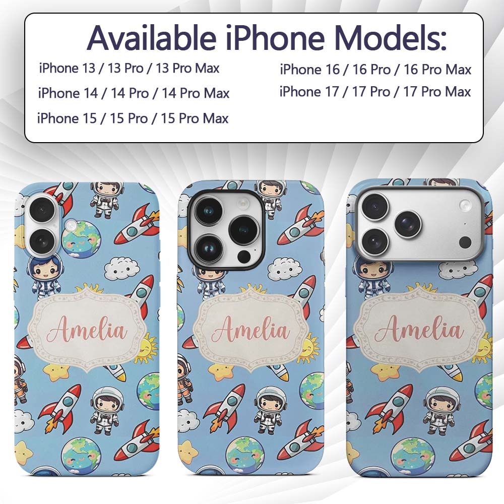 Kids Space Rockets Astronaut Seamless Pattern Custom Name Protective Phone Case Mobile Cover Durable Everyday Smartphone Shock Resistant