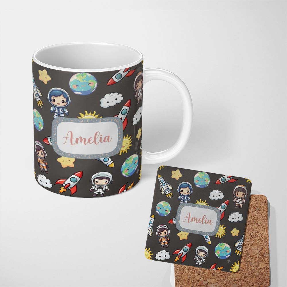 Personalized Custom Name Kids Space Rockets Astronaut Seamless Pattern Dark Grey Background 11oz Ceramic Coffee Tea Mug White Large Handle