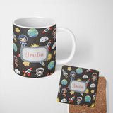 Personalized Custom Name Kids Space Rockets Astronaut Seamless Pattern Dark Grey Background 11oz Ceramic Coffee Tea Mug White Large Handle