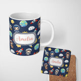 Personalized Custom Name Kids Space Rockets Astronaut Seamless Pattern Navy Blue Background 11oz Ceramic Coffee Tea Mug White Large Handle