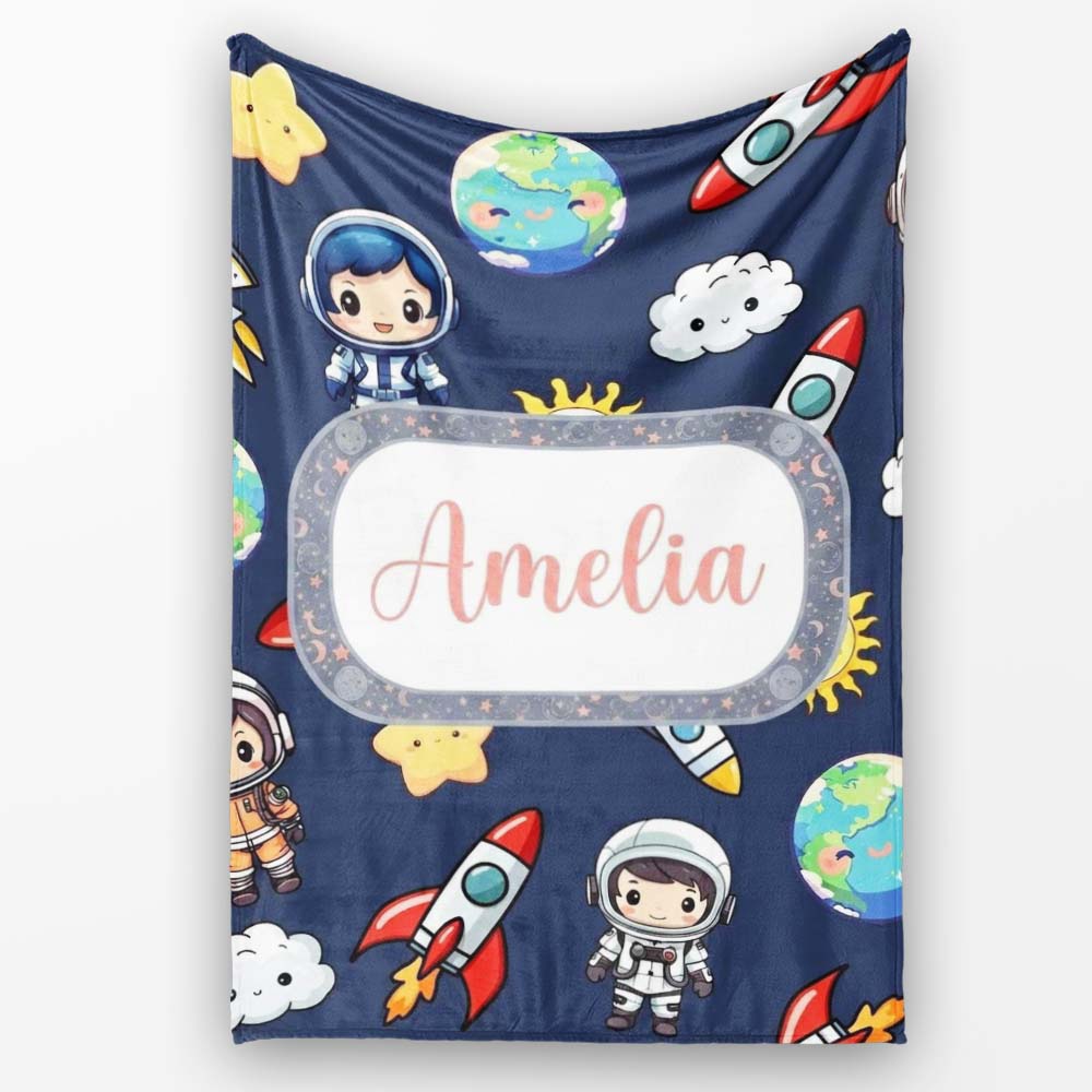 Kids Space Rockets Astronaut Seamless Pattern Navy Blue Background  Personalised Custom Name Super Soft Fleece Blanket Bed Sofa Throw