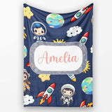 Kids Space Rockets Astronaut Seamless Pattern Navy Blue Background  Personalised Custom Name Super Soft Fleece Blanket Bed Sofa Throw