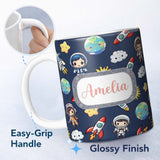 Personalized Custom Name Kids Space Rockets Astronaut Seamless Pattern Navy Blue Background 11oz Ceramic Coffee Tea Mug White Large Handle