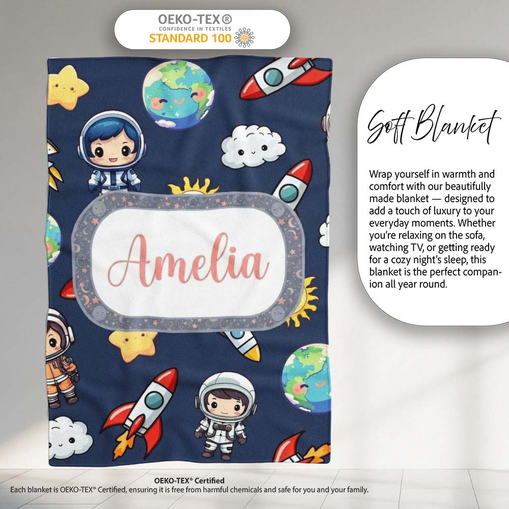 Kids Space Rockets Astronaut Seamless Pattern Navy Blue Background  Personalised Custom Name Super Soft Fleece Blanket Bed Sofa Throw
