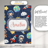 Kids Space Rockets Astronaut Seamless Pattern Navy Blue Background  Personalised Custom Name Super Soft Fleece Blanket Bed Sofa Throw
