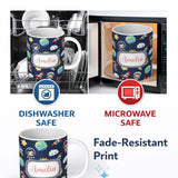 Personalized Custom Name Kids Space Rockets Astronaut Seamless Pattern Navy Blue Background 11oz Ceramic Coffee Tea Mug White Large Handle