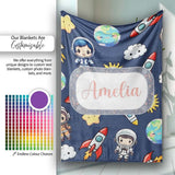 Kids Space Rockets Astronaut Seamless Pattern Navy Blue Background  Personalised Custom Name Super Soft Fleece Blanket Bed Sofa Throw