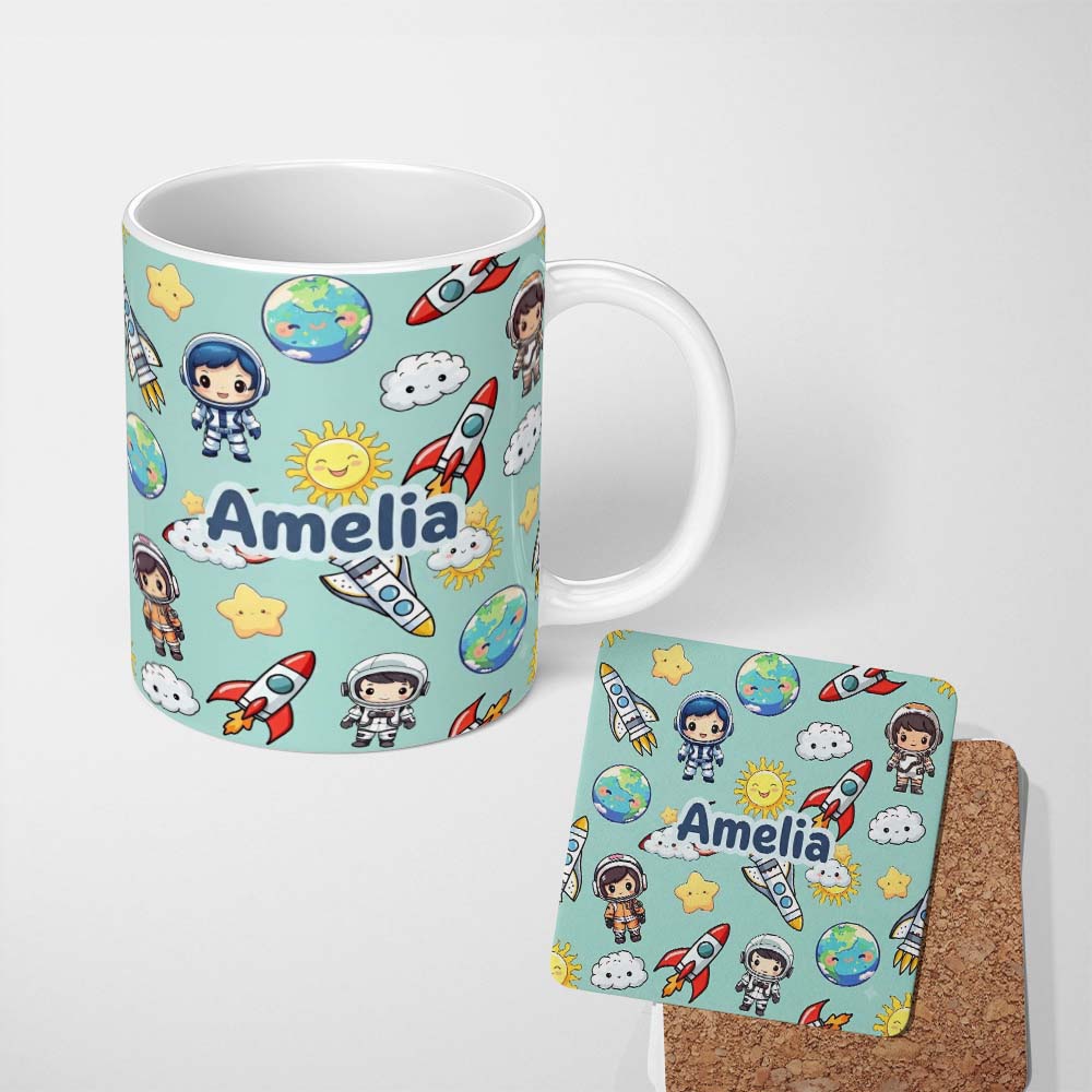 Personalized Custom Name Kids Space Rockets Astronaut Seamless Pattern Mint Green Background 11oz Ceramic Coffee Tea Mug White Large Handle