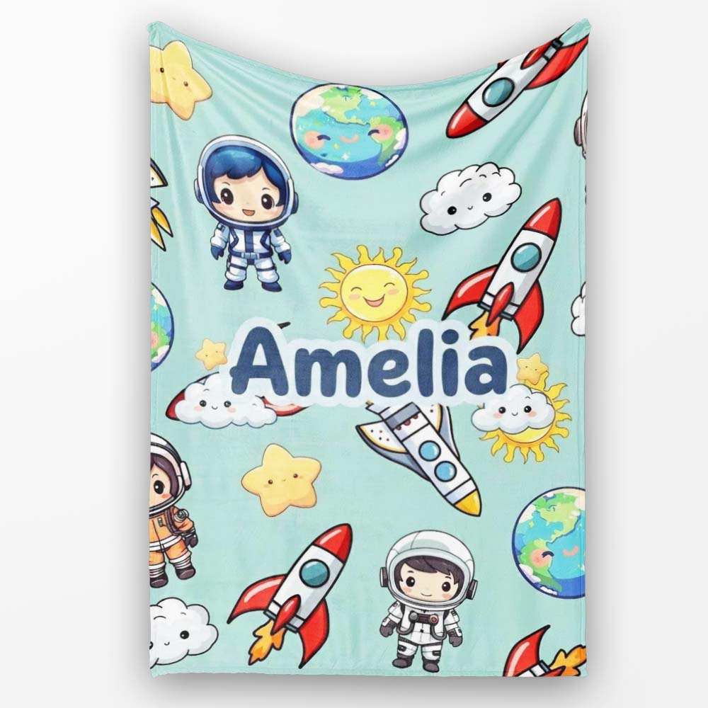 Kids Space Rockets Astronaut Seamless Pattern Mint Green Background  Personalised Custom Name Super Soft Fleece Blanket Bed Sofa Throw