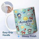 Personalized Custom Name Kids Space Rockets Astronaut Seamless Pattern Mint Green Background 11oz Ceramic Coffee Tea Mug White Large Handle