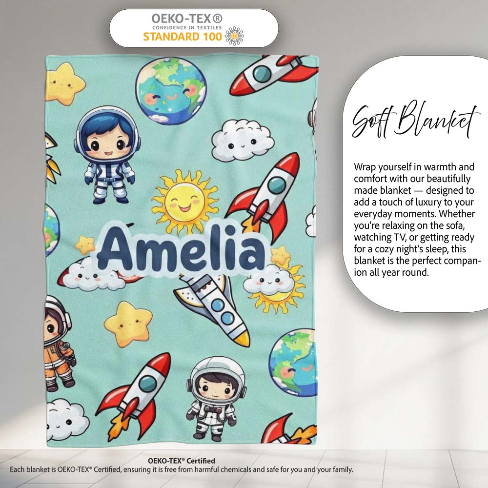 Kids Space Rockets Astronaut Seamless Pattern Mint Green Background  Personalised Custom Name Super Soft Fleece Blanket Bed Sofa Throw