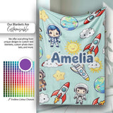 Kids Space Rockets Astronaut Seamless Pattern Mint Green Background  Personalised Custom Name Super Soft Fleece Blanket Bed Sofa Throw